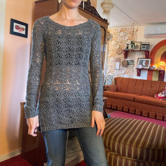 Y2K LAYERING Grey crochet knitted tunic long sleeve sweater - Picture 3 of 13
